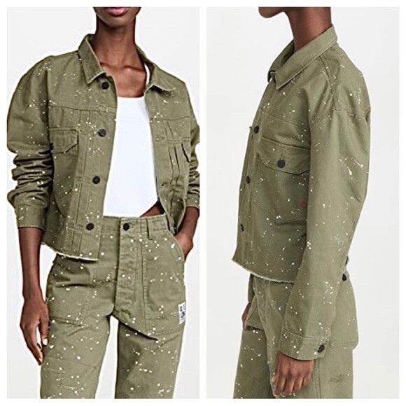 NWT Oak & Acorn Painter Cropped Jacket Sage Green Cotton Splatter L - Picture 13 of 13